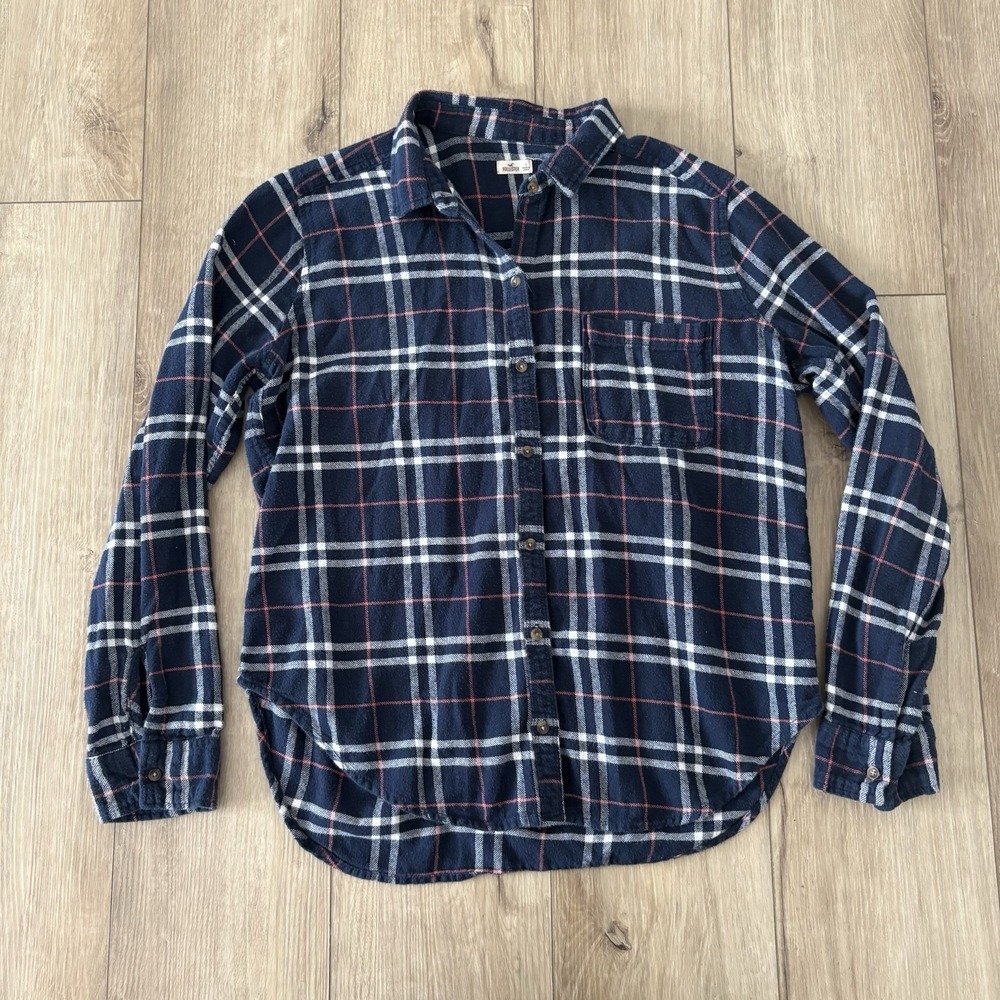 Hollister Womens‎ Flannel Long Sleeve Large Blue Pink Plaid Button Up Shirt